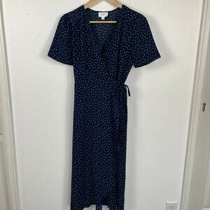 Everly | Navy Polka Dot Wrap Waist Tie Midi Dress, size S